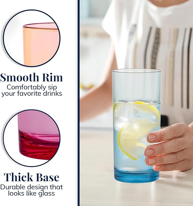 US Acrylic Classic Plastic Reusable Drinking Glasses (Set of 6) 16oz Water Cups Assorted Colors | BPA-Free Tumblers, Made in USA | Top-Rack Dishwasher Safe