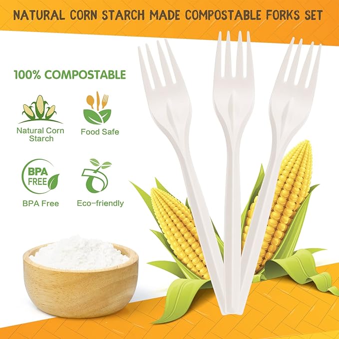 Gezond Compostable Forks 300 Count 7 Inch No Plastic Disposable Forks Heavy-duty Cutlery Set Eco-Friendly Utensils for Party Wedding Camping Office Picnic