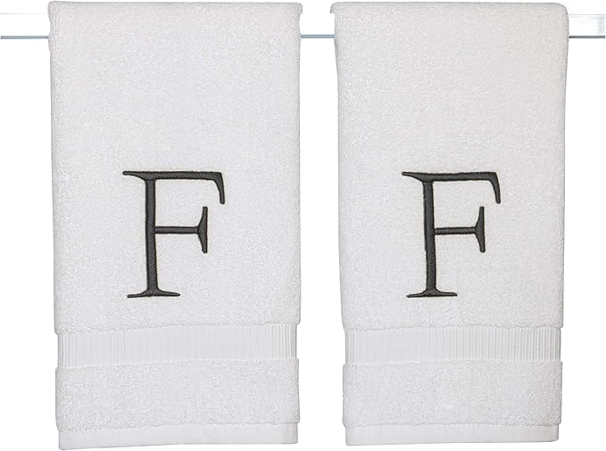 Dark Gray Monogrammed Hand Towel for Bathroom - Initial Hotel Quality Decorative Embroidered Luxury Towel for Powder Room, Spa - GOTS Organic Certified - Pack of 2, Letter F