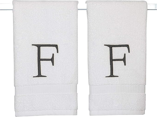 Dark Gray Monogrammed Hand Towel for Bathroom - Initial Hotel Quality Decorative Embroidered Luxury Towel for Powder Room, Spa - GOTS Organic Certified - Pack of 2, Letter F