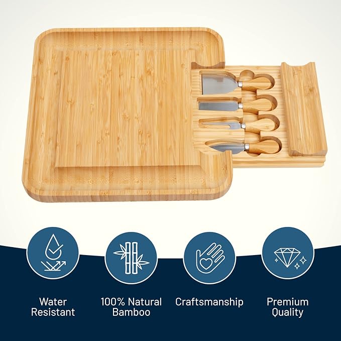 RoyalHouse Bamboo Cheese Board and Knife Set with Slide-Out Cutlery Drawer - Charcuterie Boards Set & Cheese Platter - Birthday Gifts for Women, Wedding Gifts for Couples 2025, Bridal Shower Gifts
