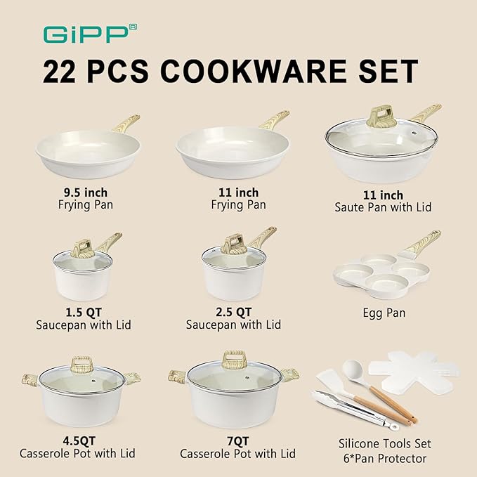 22 Piece Ceramic Non Stick Pots and Pans Set - Nonstick Cookware Set, Non-toxic Healthy Kitchen Cooking Set w/Frying Pans Set, Dishwasher Safe, PFAS PTFE PFOA PFOS Free