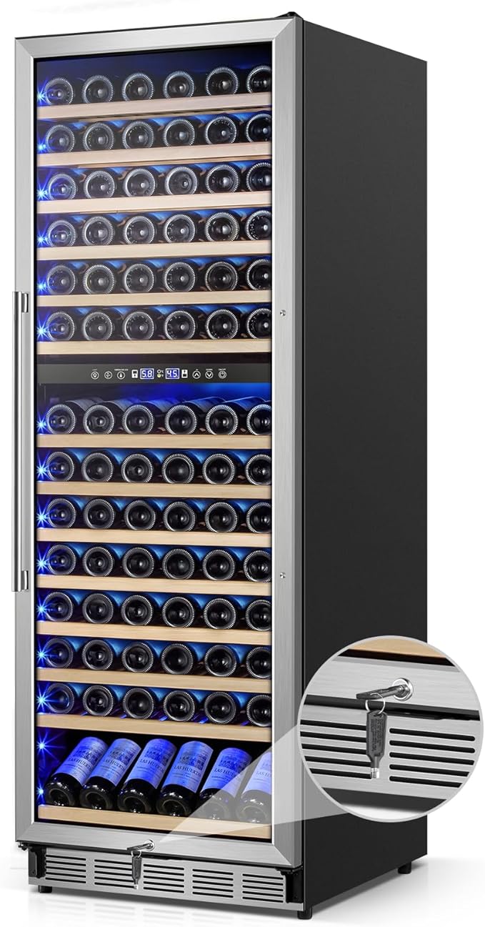 Wine Cooler Refrigerator 24 Inch, 180 Bottles Large Wine Fridge Dual Zones, Tall Freestanding/Built-in Wine Cellar Professional with Reversible Door Sliding Rail Shelves