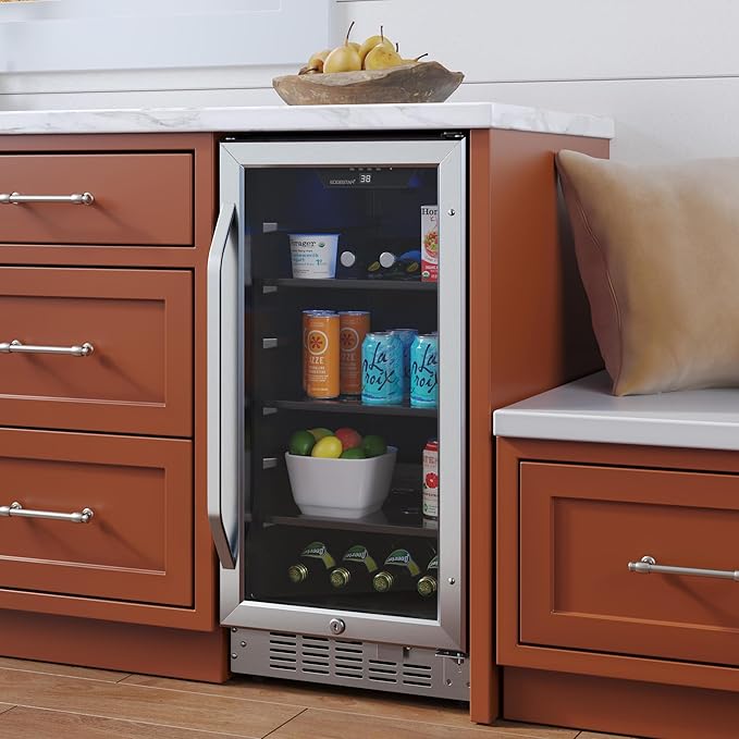 EdgeStar CBR902SG 15 Inch Wide 80 Can Built-In Beverage Cooler with Blue LED Lighting