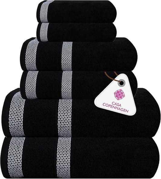 CASA COPENHAGEN Solitaire 6 Pieces Towel Set- Black, 600 GSM 2 Bath Towel 2 Hand Towel 2 Washcloth, Designed in Denmark Made of Soft Egyptian Cotton for Bathroom, Kitchen & Shower