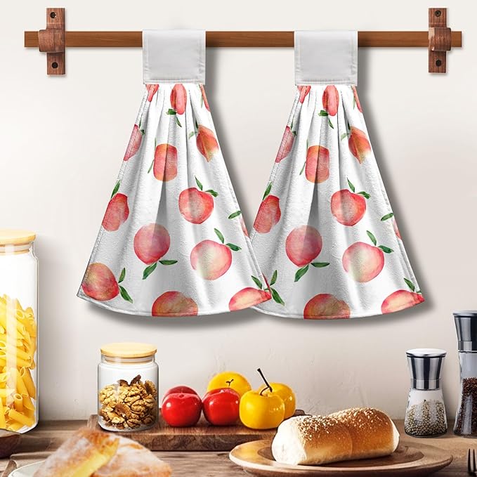 Peach Hanging Kitchen Towel Set of 2 Spring Summer Pink Fruit Hand Towels with Loop Decorative Tie Towels Soft Absorbent Hanging Dish Towel for Bathroom Kitchen Home Decor 17 * 12 Inch