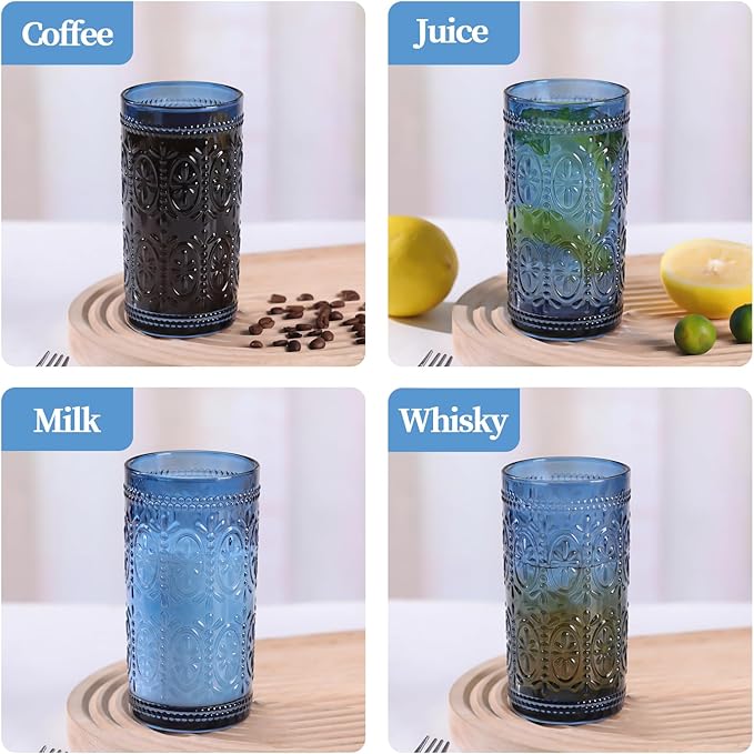 Blue Drinking Highball Beverage Glass Cup, Vintage Drinking Glasses, Colored Glassware Set for Party Wedding, Home, Office, Water, Juice, Cocktail, Highball Glasses Set of 4