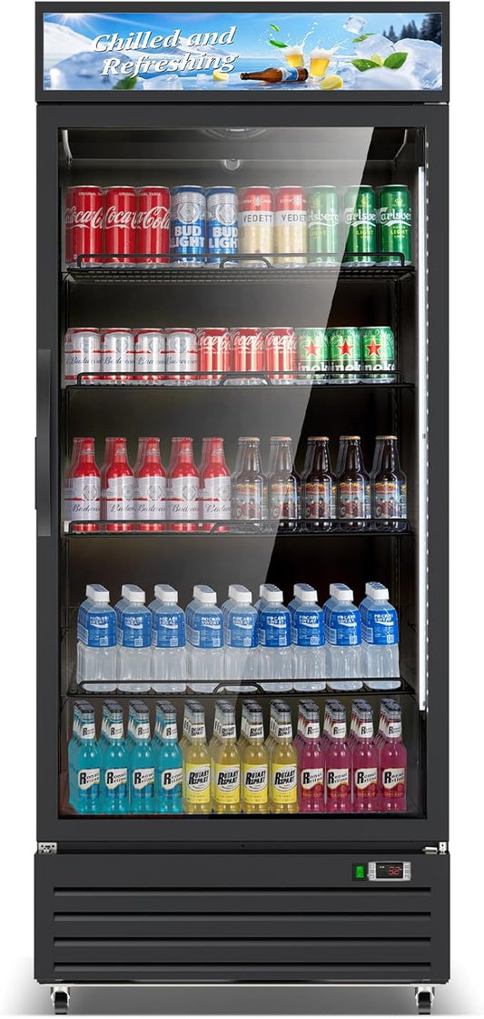 Commercial Beverage Refrigerator with Glass Door, 21.2 Cu.Ft Display Fridge Beverage Cooler with Customizable Lightbox Adjustable Shelves, Drink Fridge Merchandiser for Restaurant Shop, Black