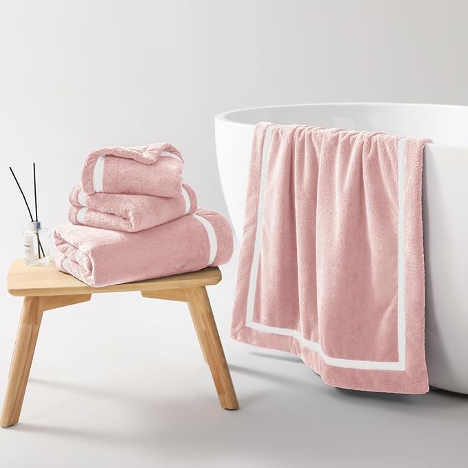 REDKISS 4-Piece Bath Towel Set - 2 Hand Towels, 2 Bath Towels | Super Absorbent, No Lint & No Fading,Ultra-Fiber Coral Fleece | Perfect for Bathroom, Spa, Gym | Family & Adults-Pink