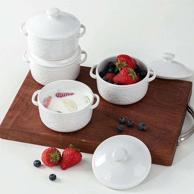 Mini Cocotte Set, 10 OZ Small Casserole Dishes with Lids, Ceramic Kitchen Casserole Sets With Handles, French Onion Soup Bowls, Soup Crocks for French Onion, Desserts, Beef Stew, Cereal, Pot Pies, Set of 4 (White)