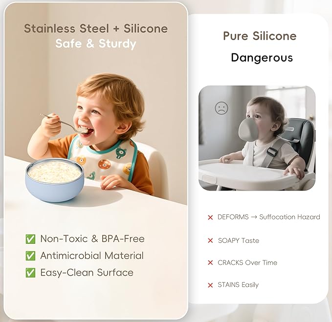 Bella’s Friends Stainless Steel Baby Bowls with Silicone Sleeve 3 Pack, 4.3” for Toddlers Kids Feeding, Non-Slip, Non-Toxic, Mess-Free, Dishwasher Safe, Fit High Chair Size,pink mint green light green