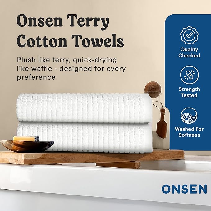 ONSEN Terry Cotton Waffle Bath Towel Set – 2 Pack Luxury, Quick Dry & Absorbent Bathroom Towels – Soft, Lightweight, Durable Large Towels for Everyday Use & Bathroom Essentials (White, 28x55 in)