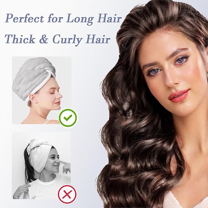 Microfiber Hair Towel Wrap, 2Pack Thickened Drying Hair Wraps Towels with Button. Super Absorbent Drying Hair Towel Wrap for Curly Hair, Anti Frizz Towel for Women(Blue+ Off White)