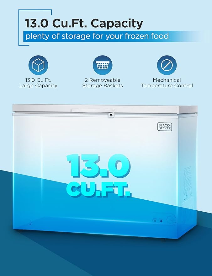 BLACK+DECKER 13 Cu. Ft. Chest Freezer, Deep Freezer with Top Opening, Freezer Chest with 2 Removable Storage Baskets, Mechanical Temperature Control, Manual Defrost, R600a Refrigerant,BCF1300E,White