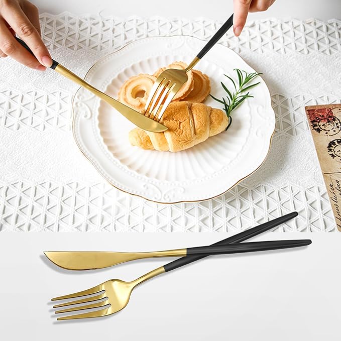 30 Piece Matte Black Gold Silverware Set, Flatware Set for 6, Forks Spoons Set, Food-Grade Stainless Steel Cutlery Set (Gold/Black)