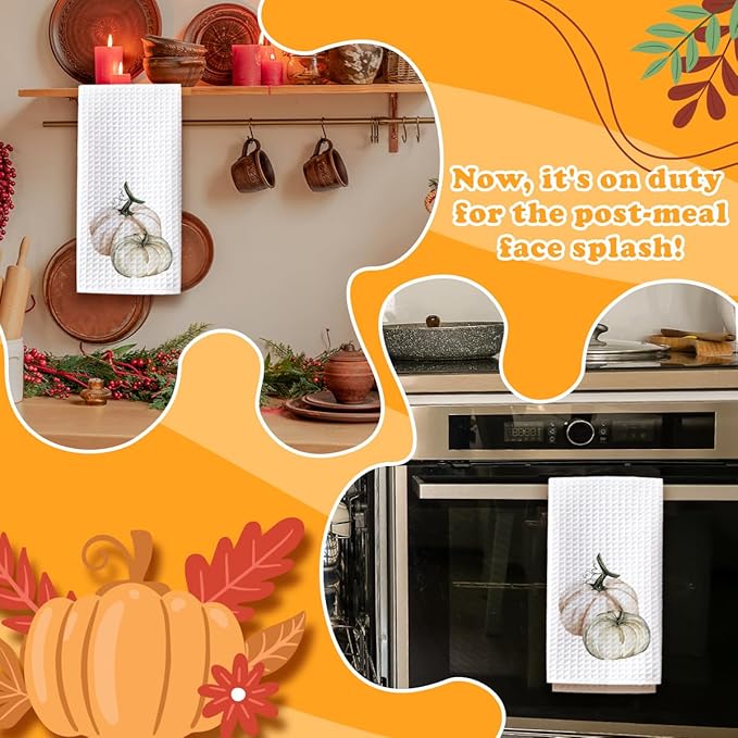 Pumpkin Fall Kitchen Towels, Farmhouse Autumn Dish Hand Towels Microfiber Waffle Weave 16x23.5 Inch, Rustic Thanksgiving Halloween Fall Decor for Kitchen Bathroom-C08