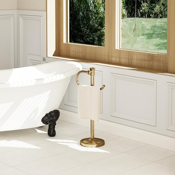 BESy 17 Inch Brushed Gold Stand Towel Bar Hanger Hand Towel Bar Bathroom Vanity Countertop Towel Holder Free Standing Stainless Steel Towel Ring Hardware Accessories Towel Rack