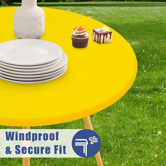 Round Spandex Tablecloth, Elastic Fitted Waterproof Tablecloths for 31"-35" Tables, Stretch Washable Picnic Table Cover for Camping, Dining, Indoor and Outdoor, Yellow