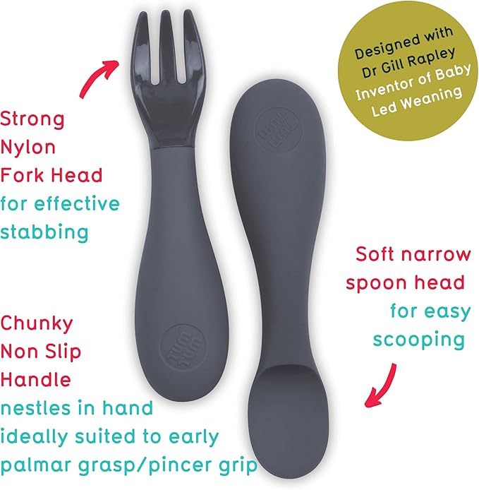 TUM TUM Baby Cutlery Set With Case, Spoon & Fork for Self Feeding, Silicone, 6 Months Plus (Grey)