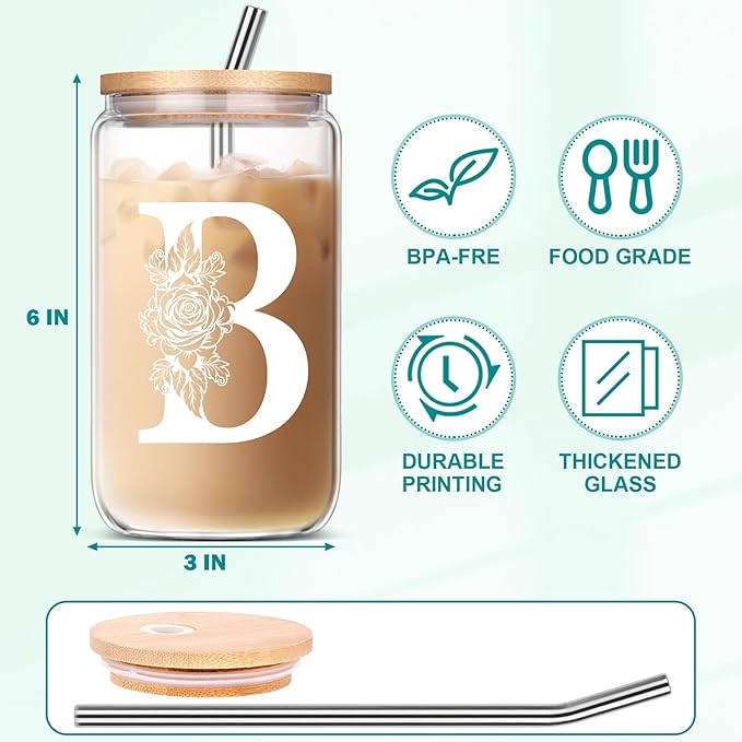 Gifts for Women, Personalized Monogrammed Gifts for Sister Mom Friend Wife, Birthday & Ideas 2024 - Cute Glass Cups with Lids and Straws