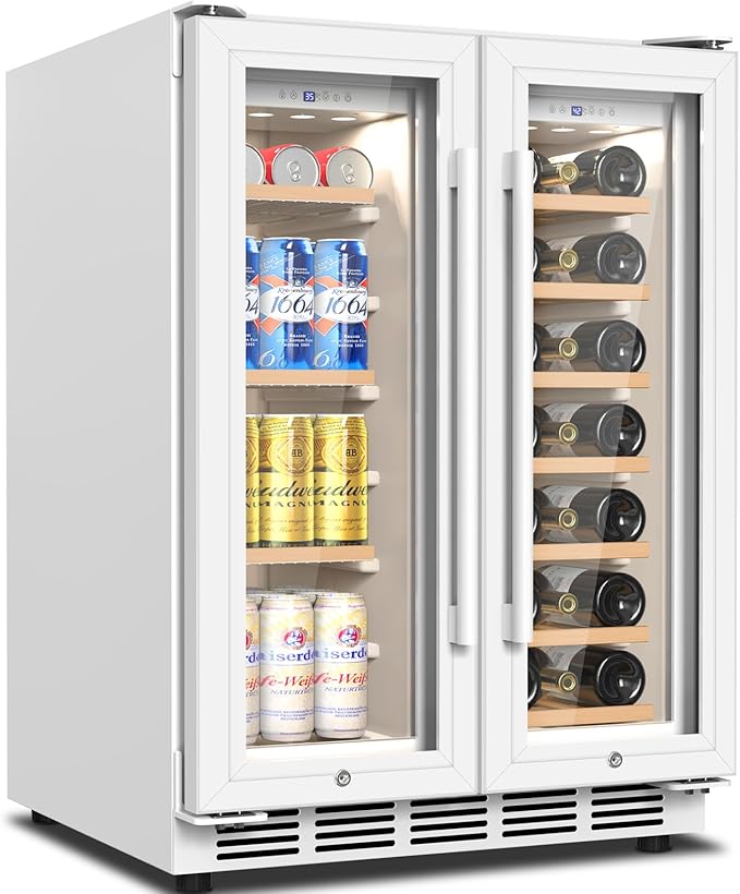 Wine and Beverage Refrigerator, 24 Inch Beverage Cooler Dual Zone with Glass Door, Under Counter Beverage Fridge with Upgraded 65 Cans 18 Bottles Large Capacity, White