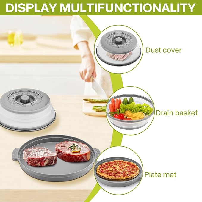 2 Pack Microwave Splatter Cover for Food with Anti-scald Base Plate,Large Plastic & Silicone Vented Avoid Scalding Collapsible Guard Lid,Kitchen Essential Gadgets for Meal Prep-10.7 Inch
