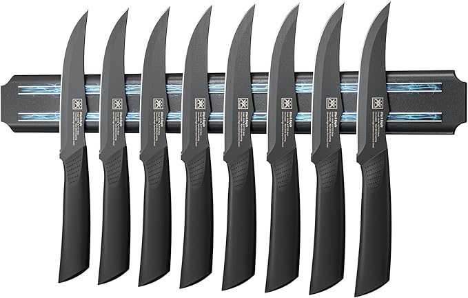 Steak Knives Set of 8 with Magnetic Knife Strip, 4.7 Inch Dishwasher Safe Non Serrated Dinner Knives, Razor Sharp for Precise Cutting, Non-Stick Blade & Non Rust, Housewarming Gifts New Home