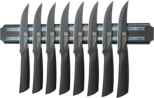 Steak Knives Set of 8 with Magnetic Knife Strip, 4.7 Inch Dishwasher Safe Non Serrated Dinner Knives, Razor Sharp for Precise Cutting, Non-Stick Blade & Non Rust, Housewarming Gifts New Home