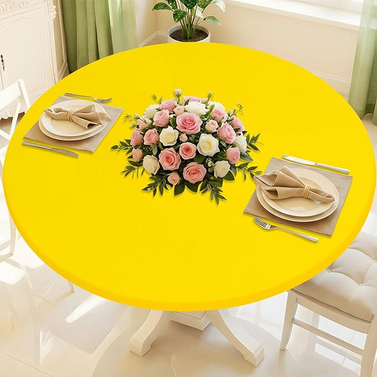 Round Spandex Tablecloth, Elastic Fitted Waterproof Tablecloths for 36"-44" Tables, Stretch Washable Picnic Table Cover for Camping, Dining, Indoor and Outdoor, Yellow