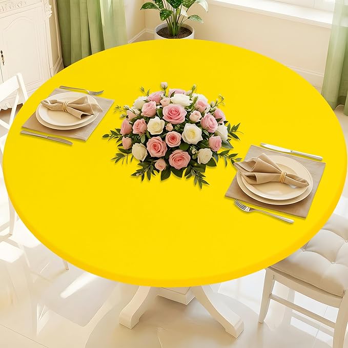 Round Spandex Tablecloth, Elastic Fitted Waterproof Tablecloths for 45"-56" Tables, Stretch Washable Picnic Table Cover for Camping, Dining, Indoor and Outdoor, Yellow