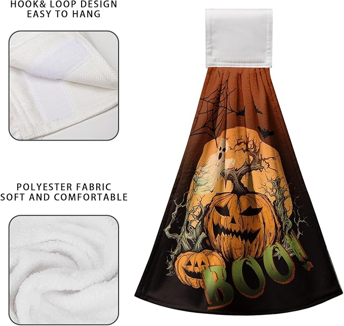 Halloween Boo Hanging Dish Towels Pumpkin Ghost Spooky Hand Towels with Hanging Loop Scary Moon Night Hanging Kitchen Towel Soft Absorbent Tea Towel for Halloween Home Bathroom Decor 2 Pcs