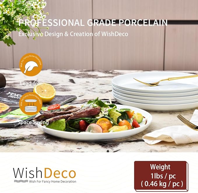 White Dinner Plates Set of 6, Porcelain Salad Plates 9 Inch, Modern Kitchen Plate, Round Serving Dishes, Microwave and Dishwasher Safe, Scratch Resistant, Smooth Glaze