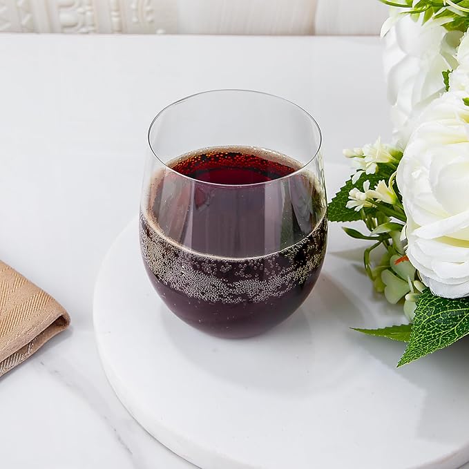 SUT Disposable Wine Glasses Stemless - 12oz Unbreakable Wine Cups, Shatterproof, Recyclable, Heavy Duty Plastic Wine Glasses for Parties Disposable(24Pack)(Clear)