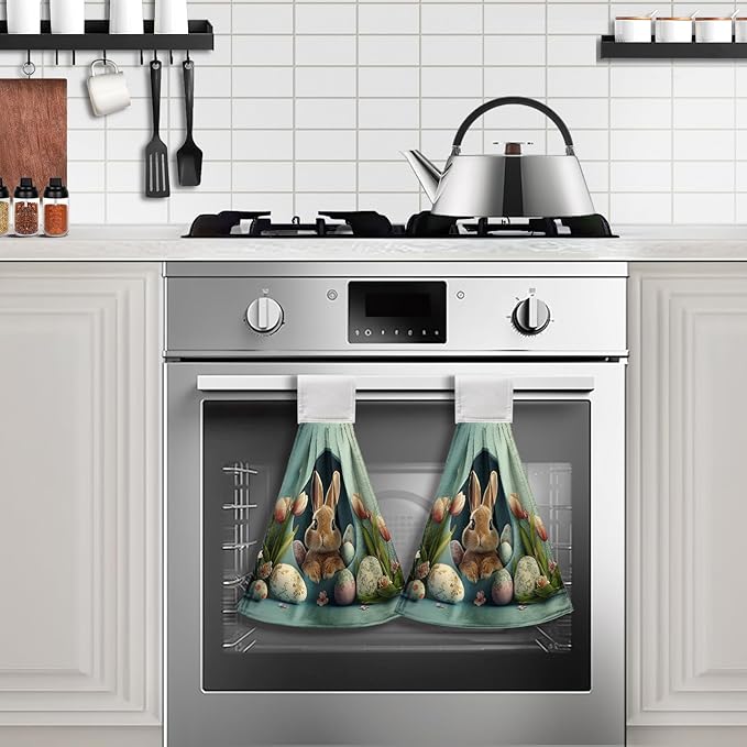 Easter Bunny Hanging Kitchen Towels 2 Pcs Easter Rabbit Eggshell Dish Tie Towels Spring Tulip Flowers Hand Towel with Hanging Loop for Bathroom Soft Home Kitchen Decor