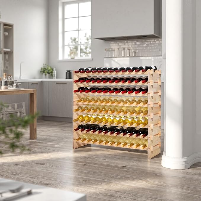 VEVOR 96 Bottle Stackable Modular Wine Rack, 8-Tier Wine Bottle Holder,Solid Wood Floor Freestanding Wine Storage Rack for Pinot Noir Bottles,for Kitchen, Cellar, and Bar, Natural