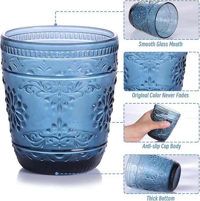 Blue Glassware set of 4, 10OZ Drinking Glasses, Blue Heavy Duty Glass Cups, Old Fashioned Glass, Embossed Glasses Set for Party Wedding Home Office Glassesware Gift