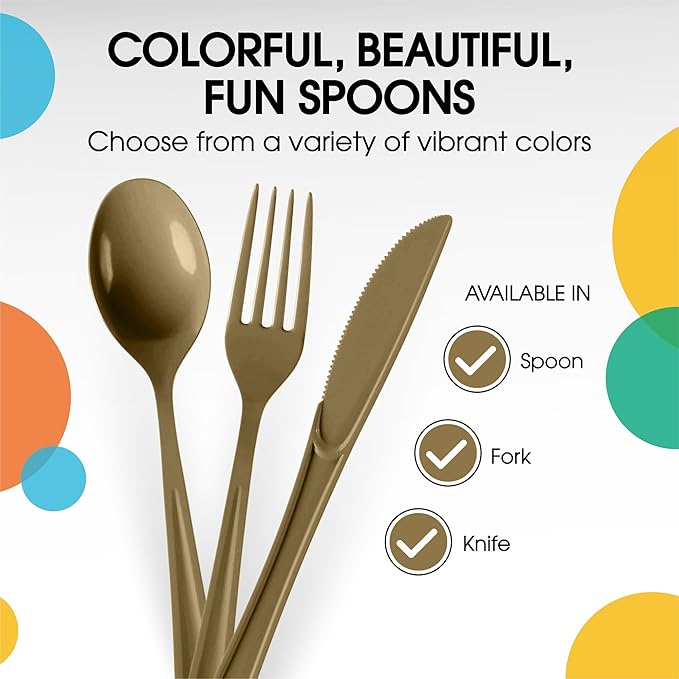 Party Solids Gold Plastic Spoons 200 Pieces Gold Spoons Disposable Utensils Heavy Duty Plastic Cutlery Set Disposable Cutlery Sets Flatware Sets Silverware Set Party Supplies & Party Tableware
