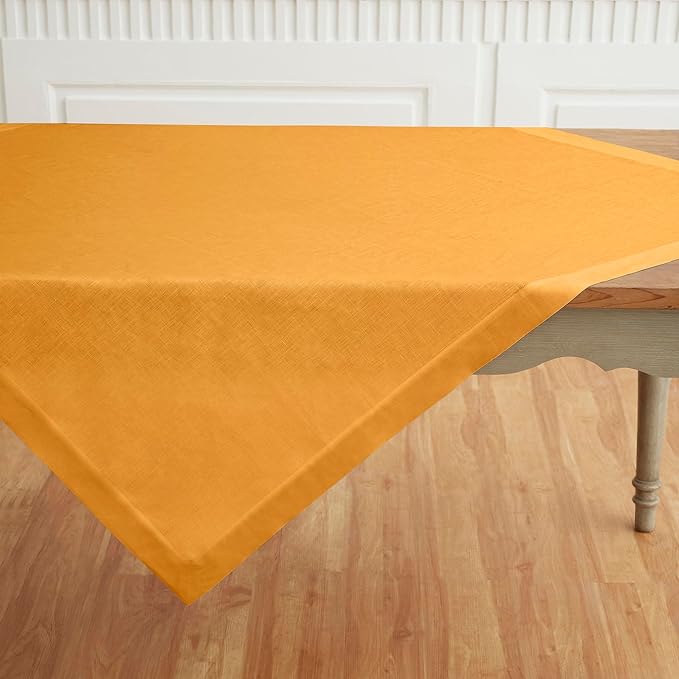 Solino Home Linen Tablecloth 52 x 52 Inch - 100% Pure Linen Tangerine Yellow Square Tablecloth - Fete, Machine Washable Table Throw