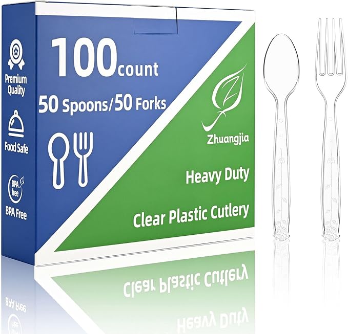 100 Count Plastic Silverware Heavy Duty 50Forks50Spoons | Shatterproof BPA-Free Disposable Cutlery Heat Resistant Disposable Plastic Utensils for Catering & Events, Party Supplies