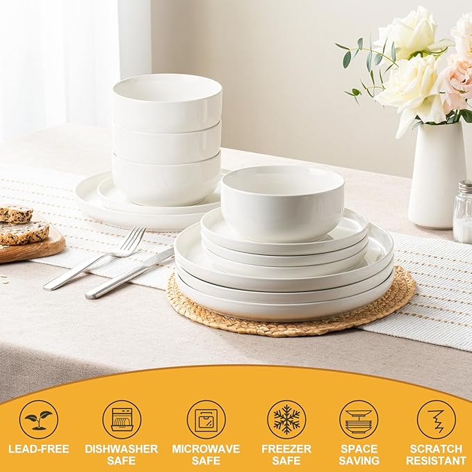 EWFEN Plates and Bowls Sets, 12 Pieces Stoneware Dinnerware Set for 4, Ceramic Dishware Dishes Set, Scratch Resistant Dishes Set, Dishwasher & Microwave Safe