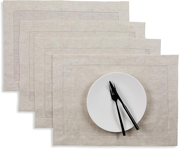 Solino Home Linen Placemats Set of 4 - Classic Hemstitch Light Natural Placemats 14 x 19 Inch - 100% Pure Linen Table Mats for Holiday, New Year
