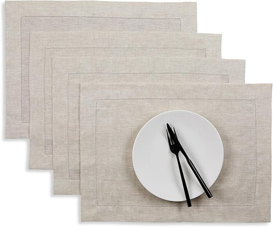 Solino Home Linen Placemats Set of 4 - Classic Hemstitch Light Natural Placemats 14 x 19 Inch - 100% Pure Linen Table Mats for Holiday, New Year