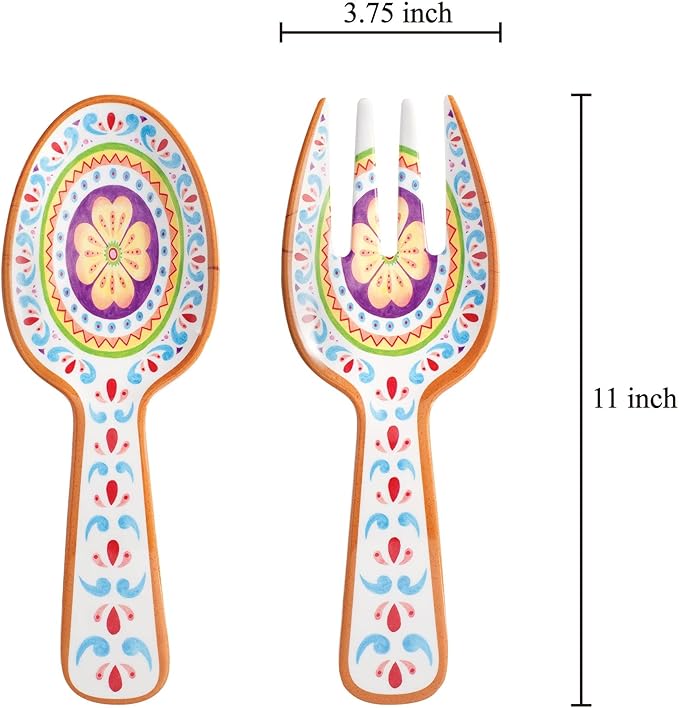UPware Cinco de Mayo Melamine Salad Servers, Serving Utensil Set, Includes Serving Fork and Spoon for Tossing Salad, Pasta, Cinco de Mayo Decorations, Multicolor, 10.75 Inch, Set of 2