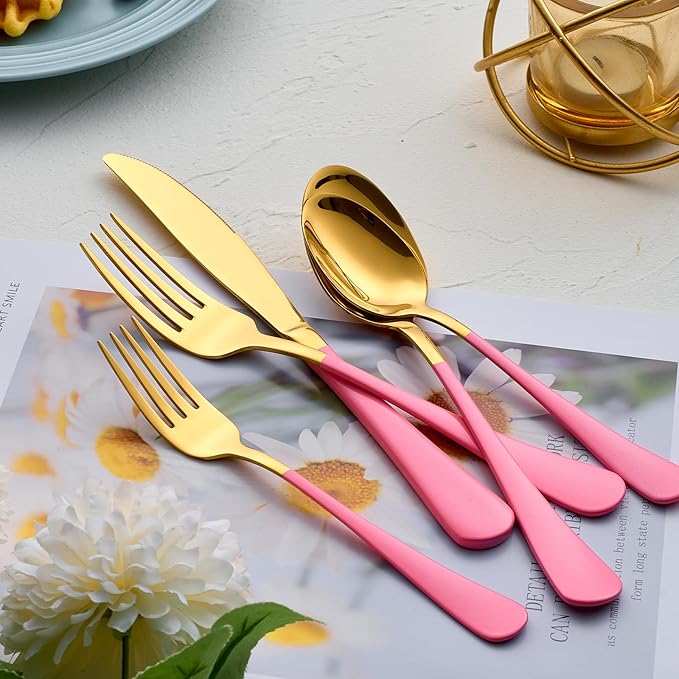 20-Pieces Gold and Pink Silverware Sets for 4,Pink Handle Stainless Steel Cutlery Set, Include Forks Spoons and Knives Set, Dishwasher Safe Utensil Sets for Home Restaurant