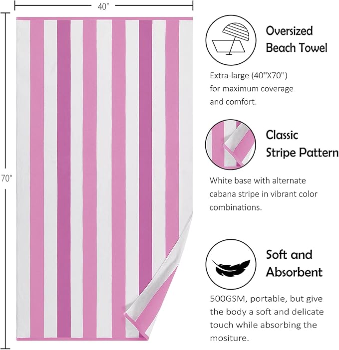 Large Beach Towel Oversized - 40"X70" Big Cute Beach Towels, Extra Large Thick Pink Stripe Towels, XL Wide Fluffy Swimming Towel Oversize, Giant Mauve Stripe Cotton Pool Towel for Adults