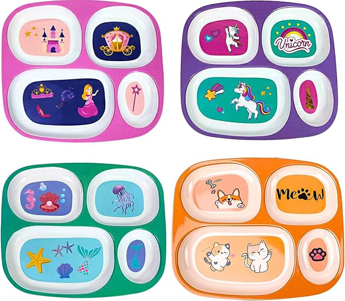 4E's Novelty 4 Melamine Dinner Plate for Kids Girls, Plastic Mealtime Divided Plates, Dinnerware Dishes Set For Toddlers Picky Eaters, BPA Free, Princess, Unicorn, Sea Life, Cat