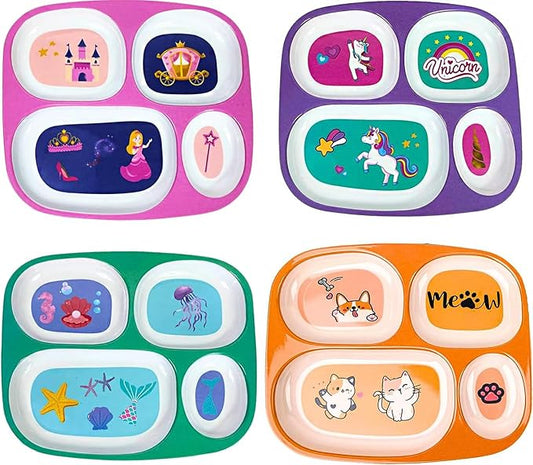 4E's Novelty 4 Melamine Dinner Plate for Kids Girls, Plastic Mealtime Divided Plates, Dinnerware Dishes Set For Toddlers Picky Eaters, BPA Free, Princess, Unicorn, Sea Life, Cat