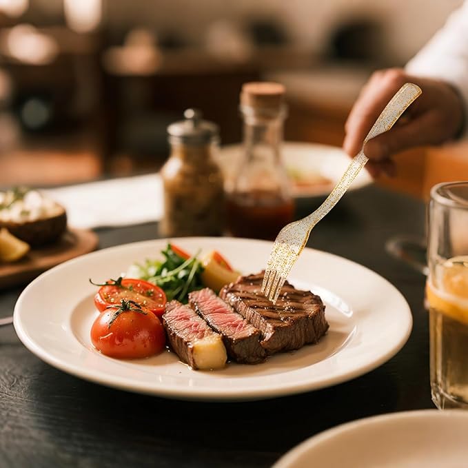 YOUBET 50PCS Gold Glitter Plastic Forks - Heavy Duty Plastic Forks - Solid Durable Gold Glitter Disposable Silverware for Party Picnic Wedding and Daily Use