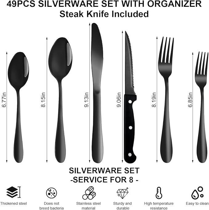 49Pcs Silverware Set with Organizer, Silver Stainless Steel Flatware Set for 8 Cutlery Utensil Sets with Steak Knives, Spoons and Forks Set, Dishwasher Safe