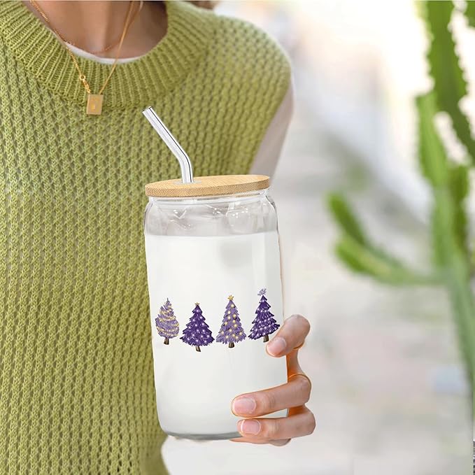 Purple Christmas Tree gifts Glass Coffee Cup With Lid And Straws 14oz - Merry Christmas Drinking Jar Gift For Women Kids Men,Glass Cup For Purple Xmas Decor